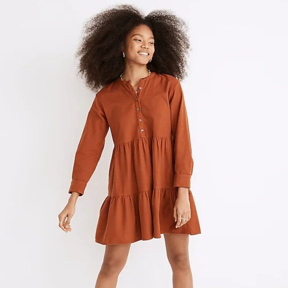 Madewell Flannel Button Placket Tiered Mini Dress Warm Nutmeg Brown Large